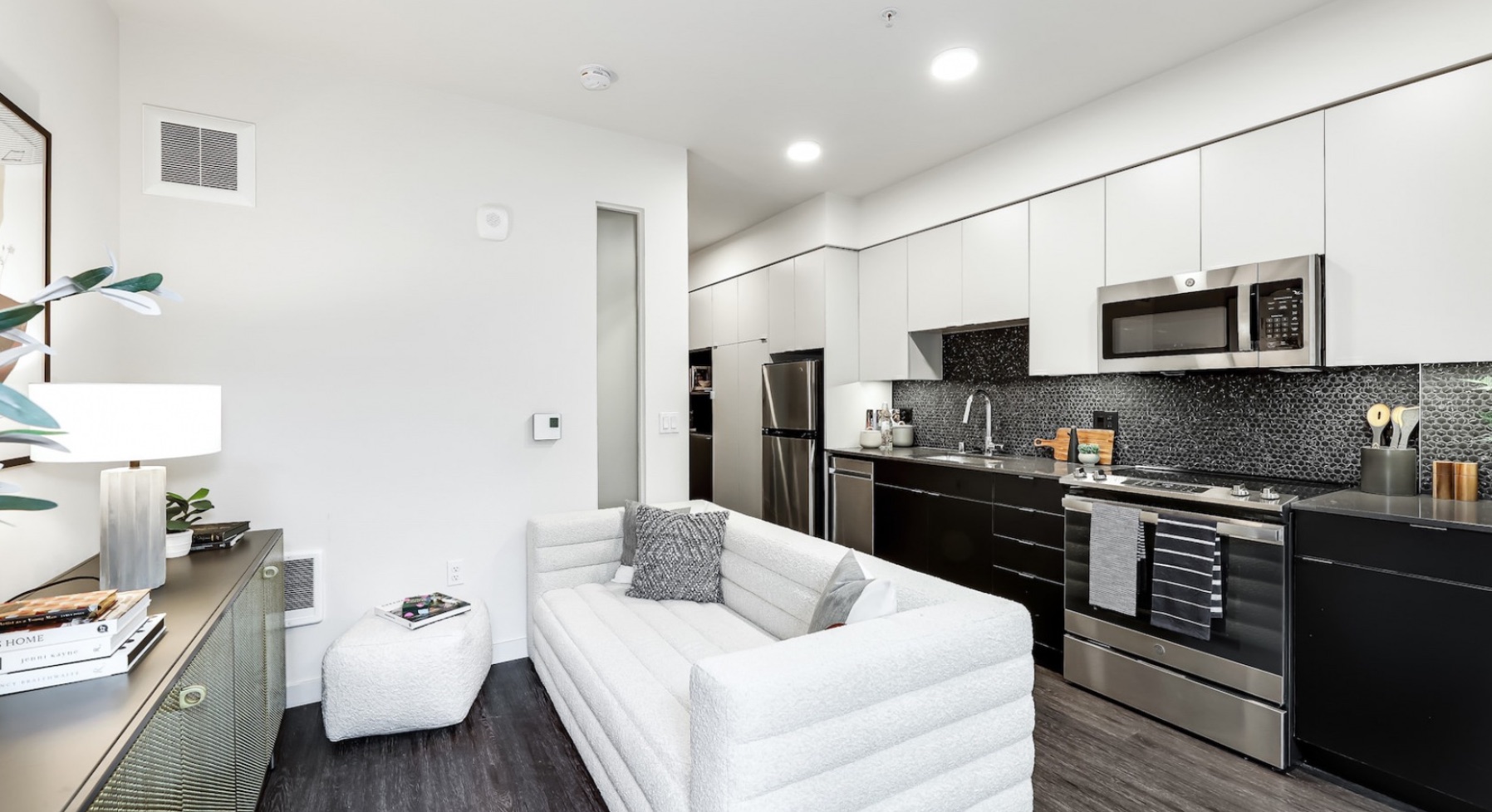 Compact studio kitchen and living area with dark cabinetry, stainless appliances, and open floor plan