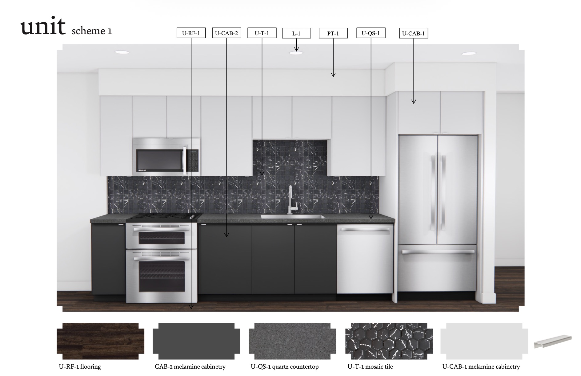Unit Scheme 1 finish board: dark melamine cabinetry, quartz countertop, mosaic tile backsplash, and resilient flooring