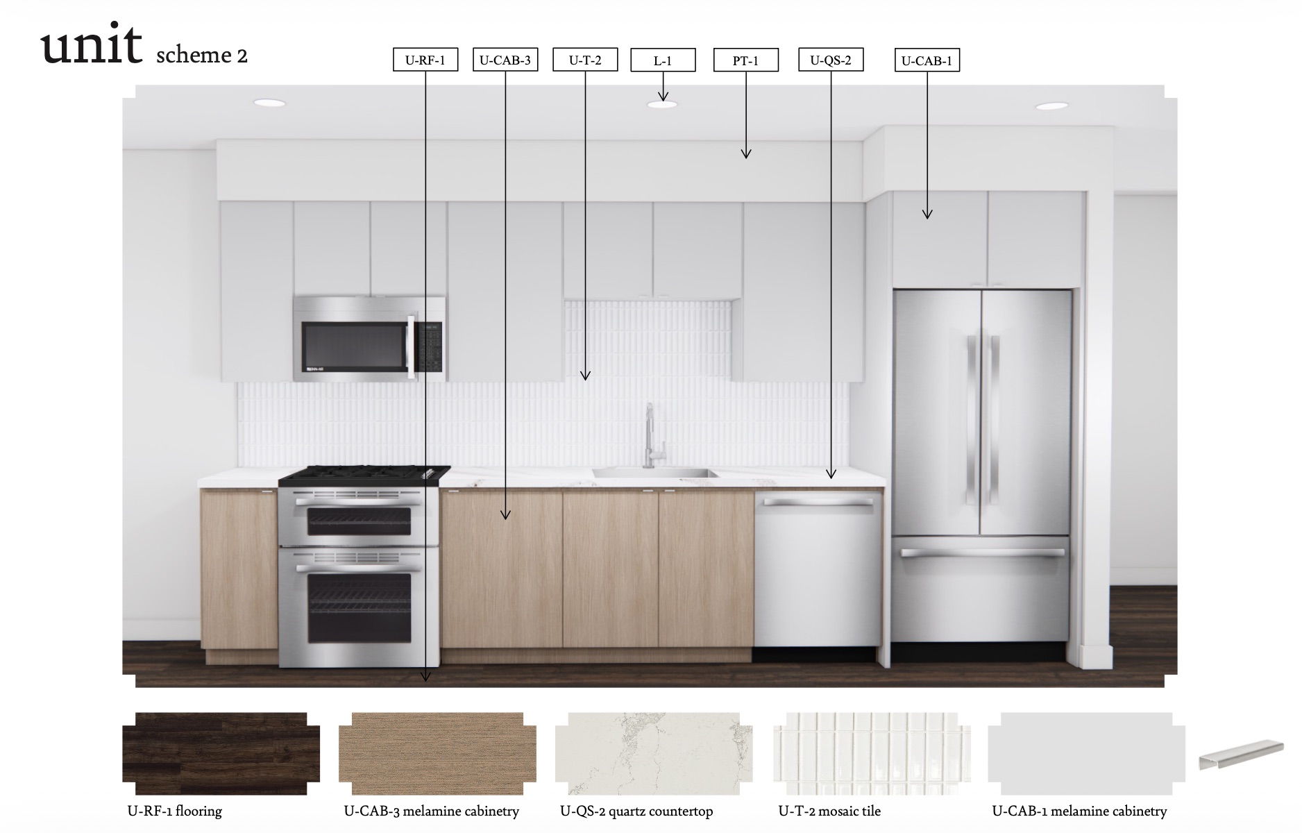 Unit Scheme 2 finish board: warm wood lower cabinetry, light quartz countertop, white tile backsplash, and white upper cabinetry